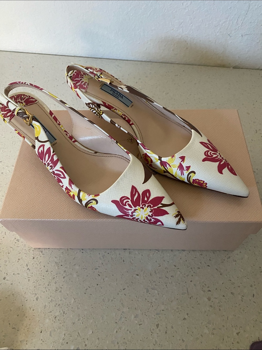 Prada Cream Floral Pointed-Toe Slingback Pumps with Pink Flowers